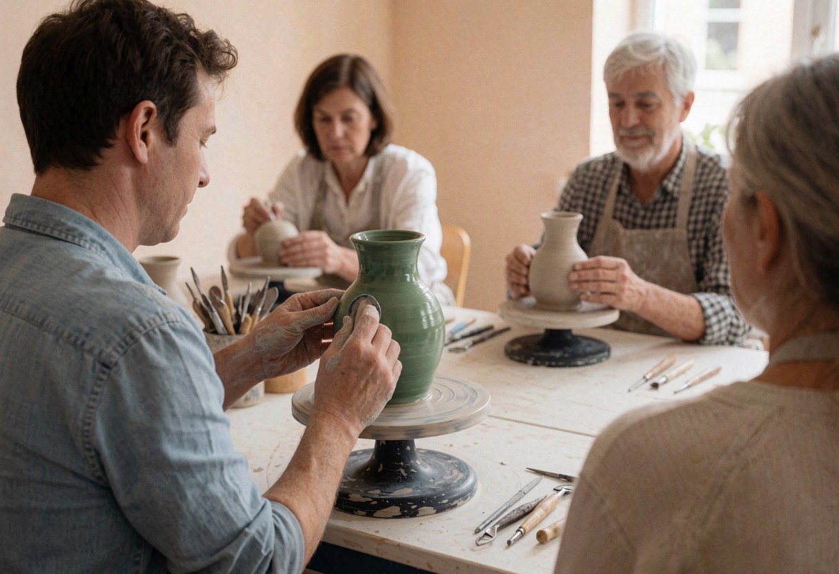 artisan stamping the base of a green cup on a pottery wheel in a workshop with beige walls and visible tools