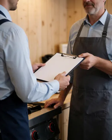 Appliance repair technician hands a clipboard to a customer in a kitchen with wood walls, demonstrating professional service in action.