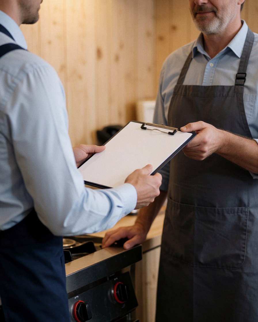 Appliance repair technician hands a clipboard to a customer in a kitchen with wood walls, demonstrating professional service in action.