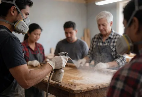 A carpenter wearing a mask and gloves applies wood preservative to a table in a workshop while other workers observe the process.