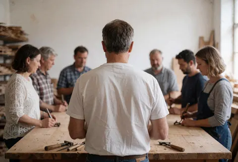A carpenter instructs a group of adults in a wood workshop with tools and planks on a large table.