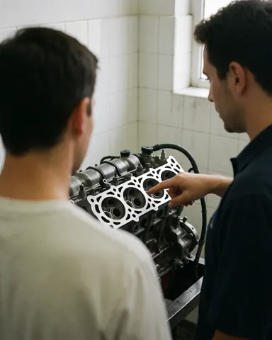 Mechanic explains details of a repaired motorcycle engine to a customer in a workshop with white tiled walls.