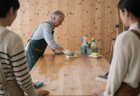 A man wearing gloves cleans a wooden table with cleaning products in a workshop with wooden walls.