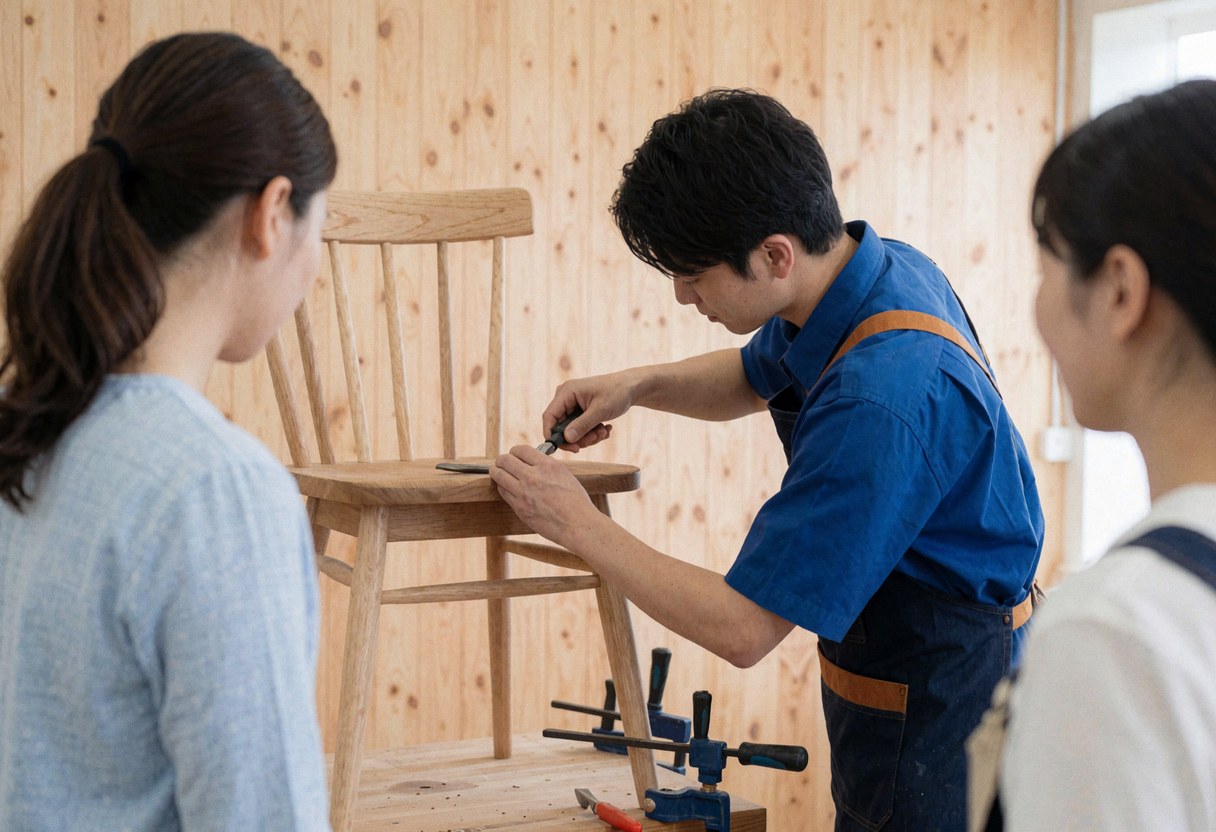 Carpenter using clamps to repair a chair in a wood-paneled workshop while two clients observe the furniture repair service.