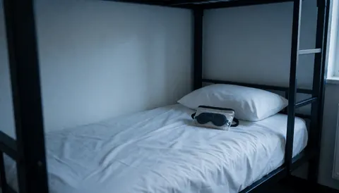 A hostel bunk bed with white sheets and a sleep mask on the mattress, illuminated by serene blue light.