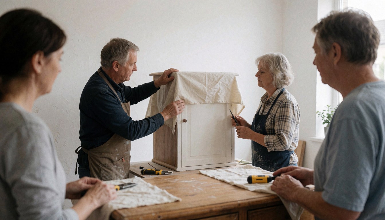 Carpenter covering restored furniture with protective cloth in workshop with tools and white walls