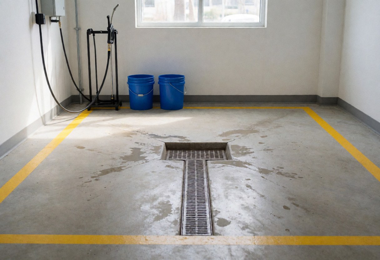 Motorcycle wash area featuring a central faucet and blue buckets on a concrete floor with yellow lines