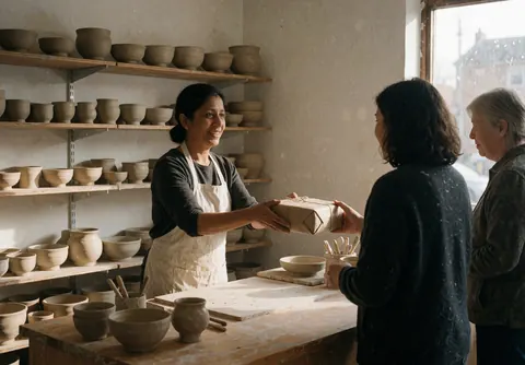 A ceramic seller hands a package to a customer inside a workshop with shelves of pottery and natural light