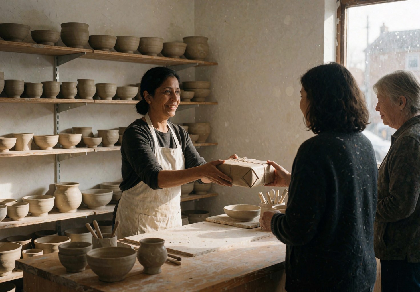 A ceramic seller hands a package to a customer inside a workshop with shelves of pottery and natural light