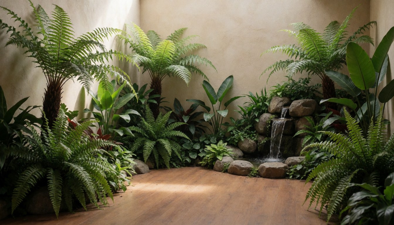 Serene indoor garden featuring a stone waterfall, lush tropical plants, beige stucco walls, and wooden flooring, ideal for ayurvedic massage therapy.