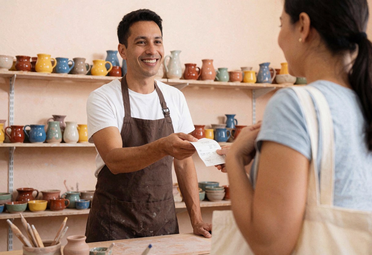 A ceramic seller hands a receipt to a customer in a workshop with colorful pottery on shelves and a tote bag.