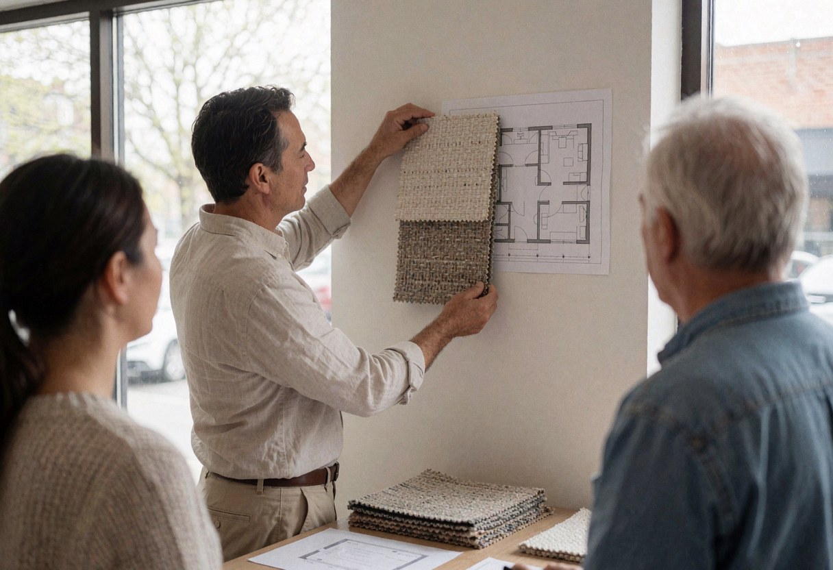 Consultant compares carpet samples with a floor plan in a textile showroom with natural light and a white wall.