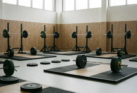 CrossFit training space featuring weight racks, barbells, and plates on mats with wooden walls and natural light