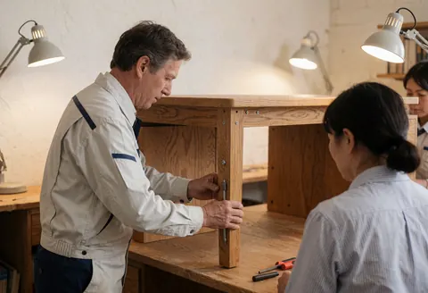 Carpenter adjusting wooden table legs in a well-lit workshop while a woman observes the furniture repair work