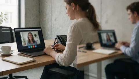 Two individuals collaborating on a video call using a laptop and notebook in an office setting with a concrete wall and natural light.