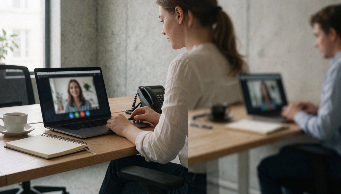 Two individuals collaborating on a video call using a laptop and notebook in an office setting with a concrete wall and natural light.