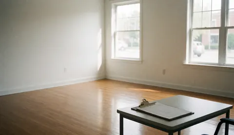 Empty room with polished wood floor, white walls, and a table holding a briefcase, suitable for a professional business cover image