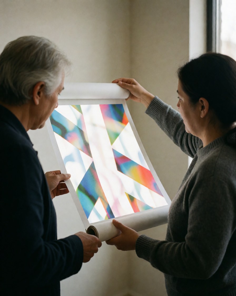 An employee holds a bright geometric banner while reviewing it with a client in a well-lit consultation room, showcasing the final product design.