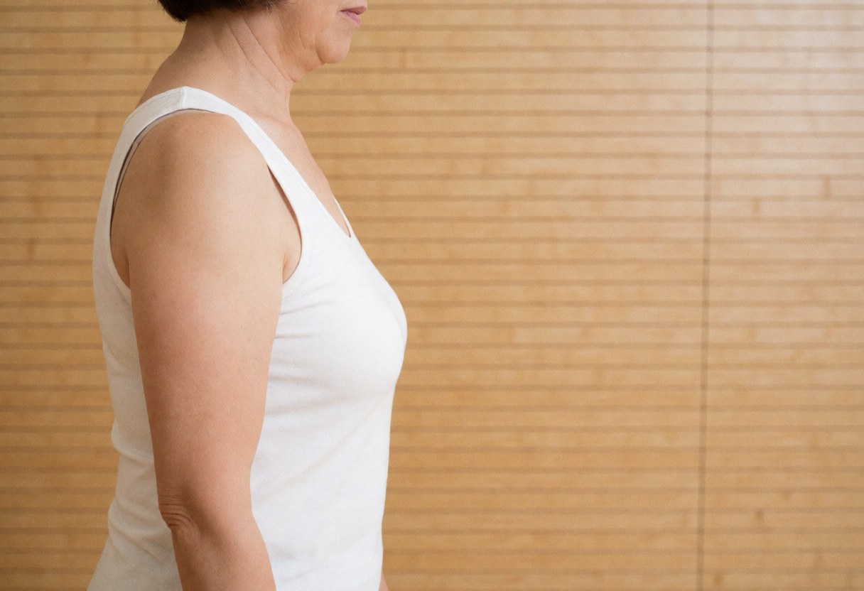 Adult woman in profile wearing a white t-shirt in front of a light wooden plank wall with natural lighting.