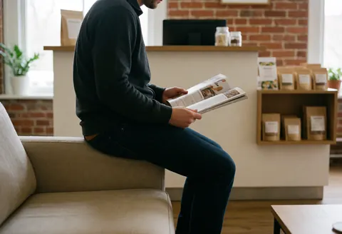 A man sits on the edge of a beige sofa reading a magazine in a cozy cafe with red brick walls and product shelves.