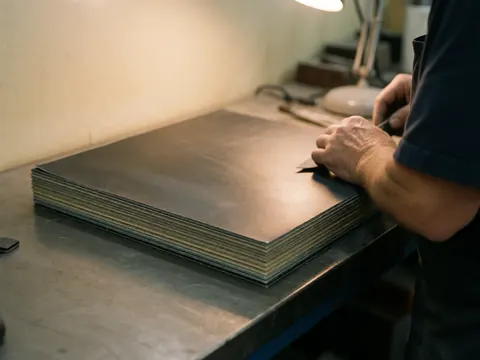 Close-up of a hand using a tool to cut metal sheets on a worktable under desk lighting in an industrial workshop setting