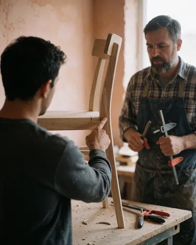 A client examines a restored wooden chair alongside a carpenter in a bright workshop with visible tools and light walls.
