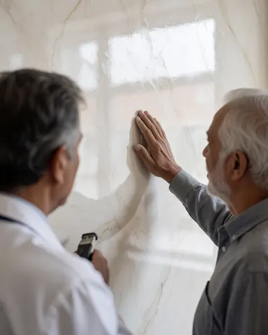 A satisfied client inspects a newly painted wall with a glossy finish, hand touching the smooth surface in soft indoor lighting.