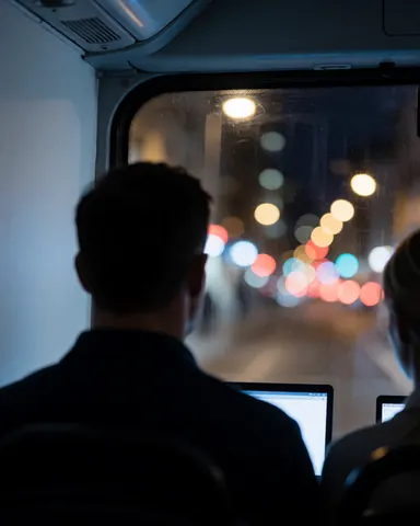 Two passengers on a night tour bus viewing blurred city lights through the window, creating a calm and modern atmosphere.