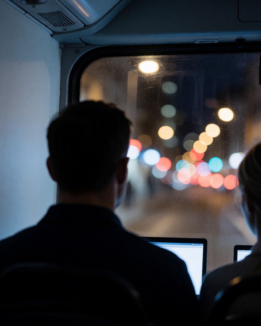Two passengers on a night tour bus viewing blurred city lights through the window, creating a calm and modern atmosphere.