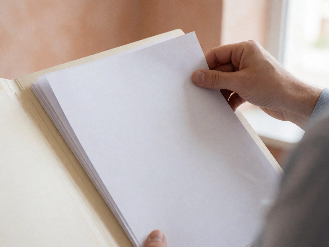 Close-up of a hand organizing white documents inside a folder against a terracotta wall with natural light.
