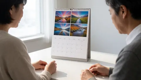 Two individuals examine a landscape photo calendar on a white desk in a modern office with natural window light