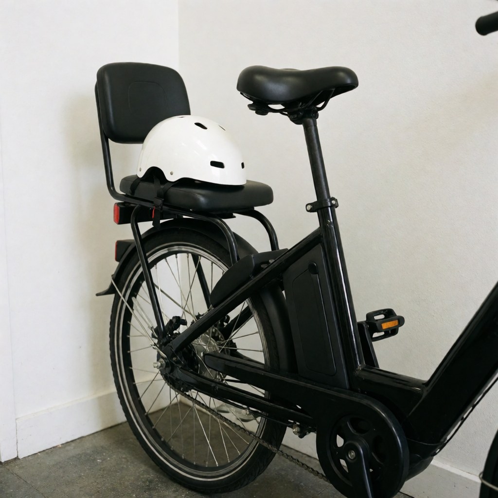 Black electric taxi bicycle with passenger seat and white helmet leaning against a white wall ready for service