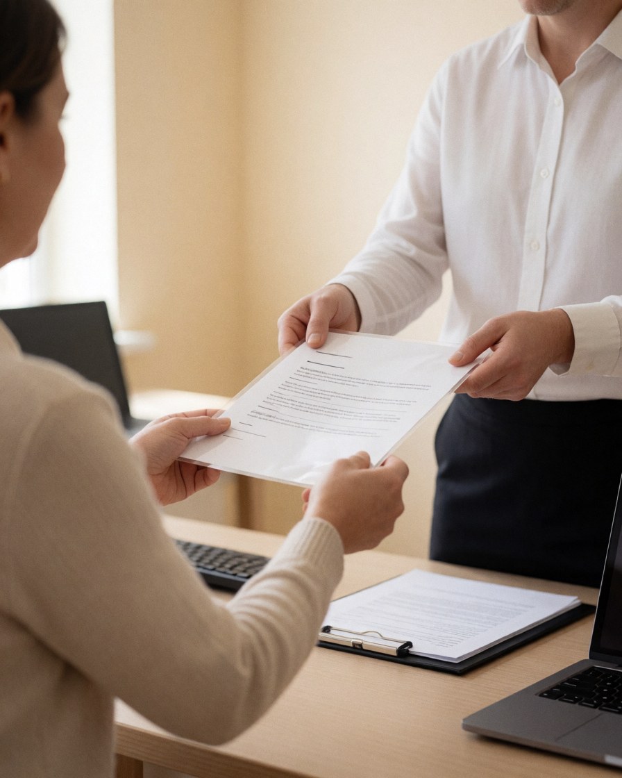 A customer receives a laminated document from an employee in a clean office with beige walls and a laptop.