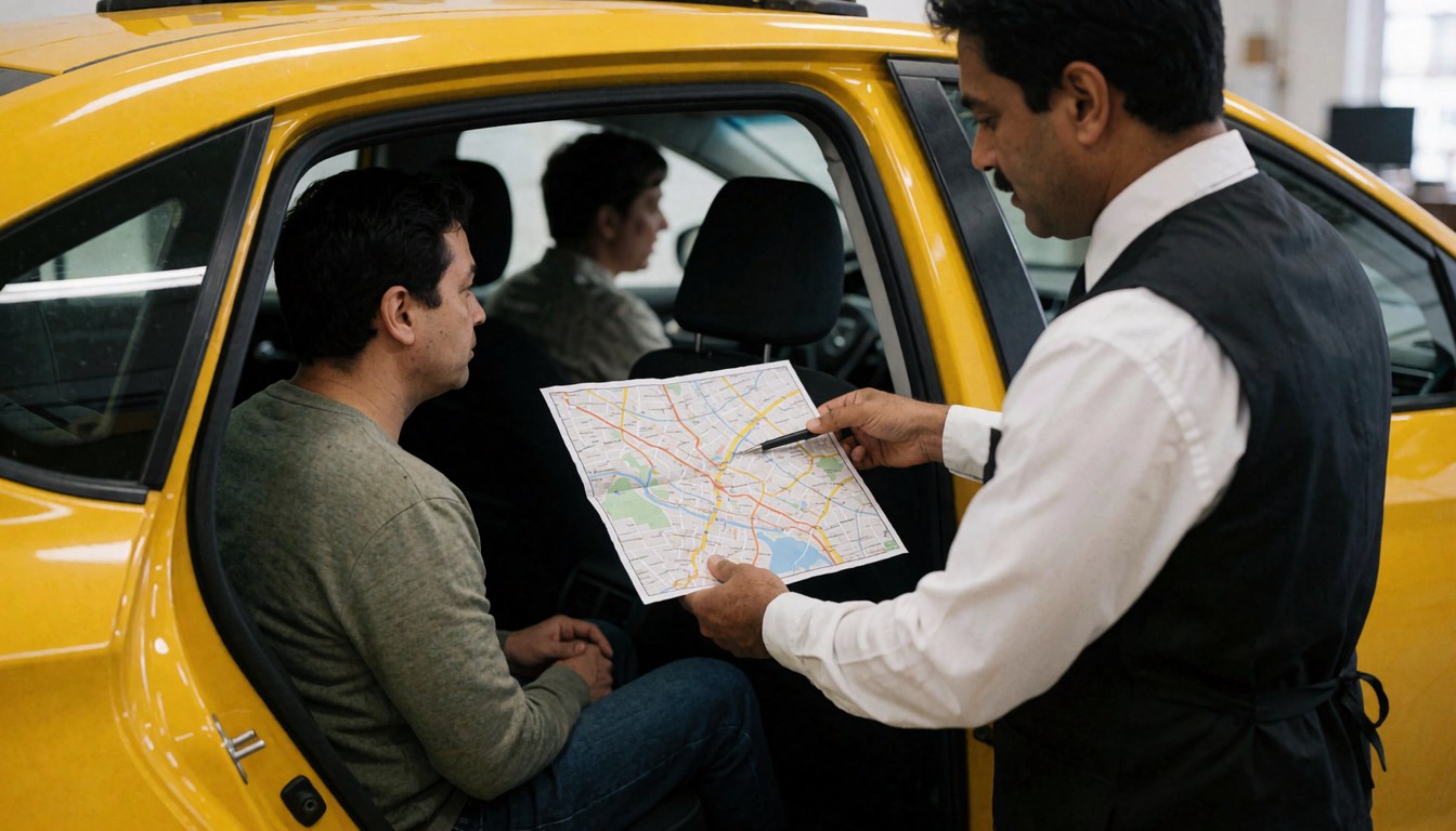 Yellow taxi driver points to a map with a pencil for a seated passenger in the back seat on a sunny day.