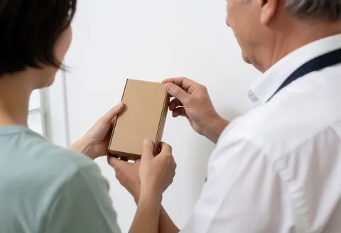 A professional hands a cardboard box to a client in a studio with a white wall, illustrating a service in action.