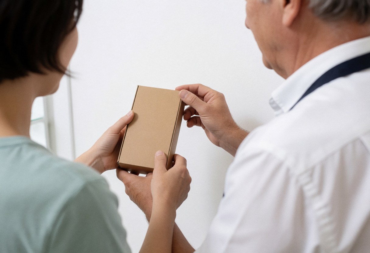 A professional hands a cardboard box to a client in a studio with a white wall, illustrating a service in action.