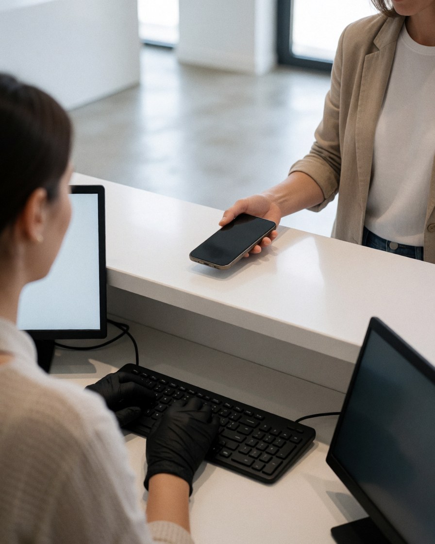 A customer sets their smartphone on a white counter while staff wearing black gloves works on a computer nearby.