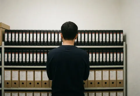 Person standing with back to camera facing file shelves with folders against a white wall with natural light