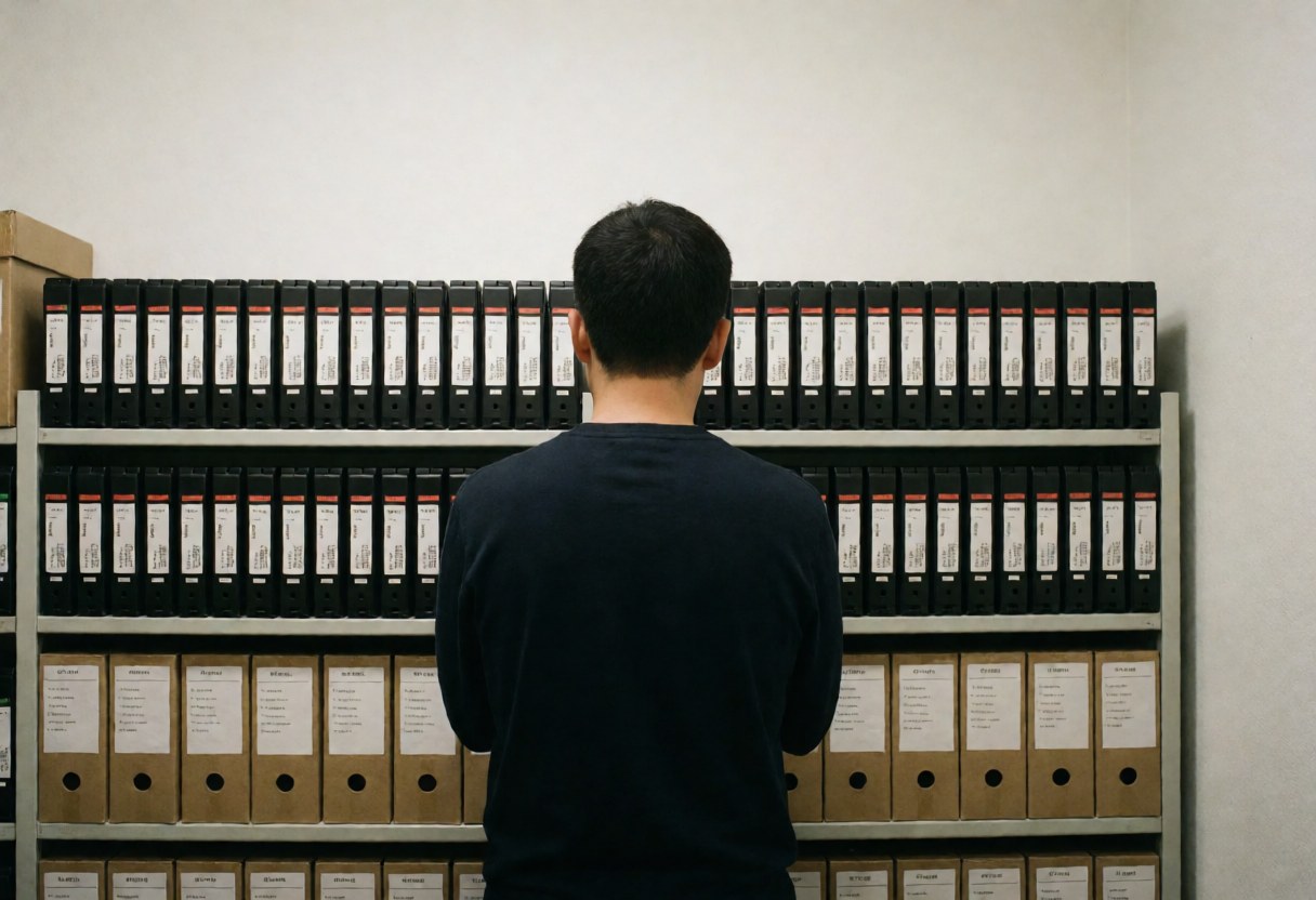 Person standing with back to camera facing file shelves with folders against a white wall with natural light