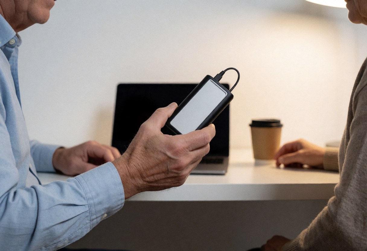 Close-up of a hand holding a connected external hard drive with a laptop and coffee cup in the background
