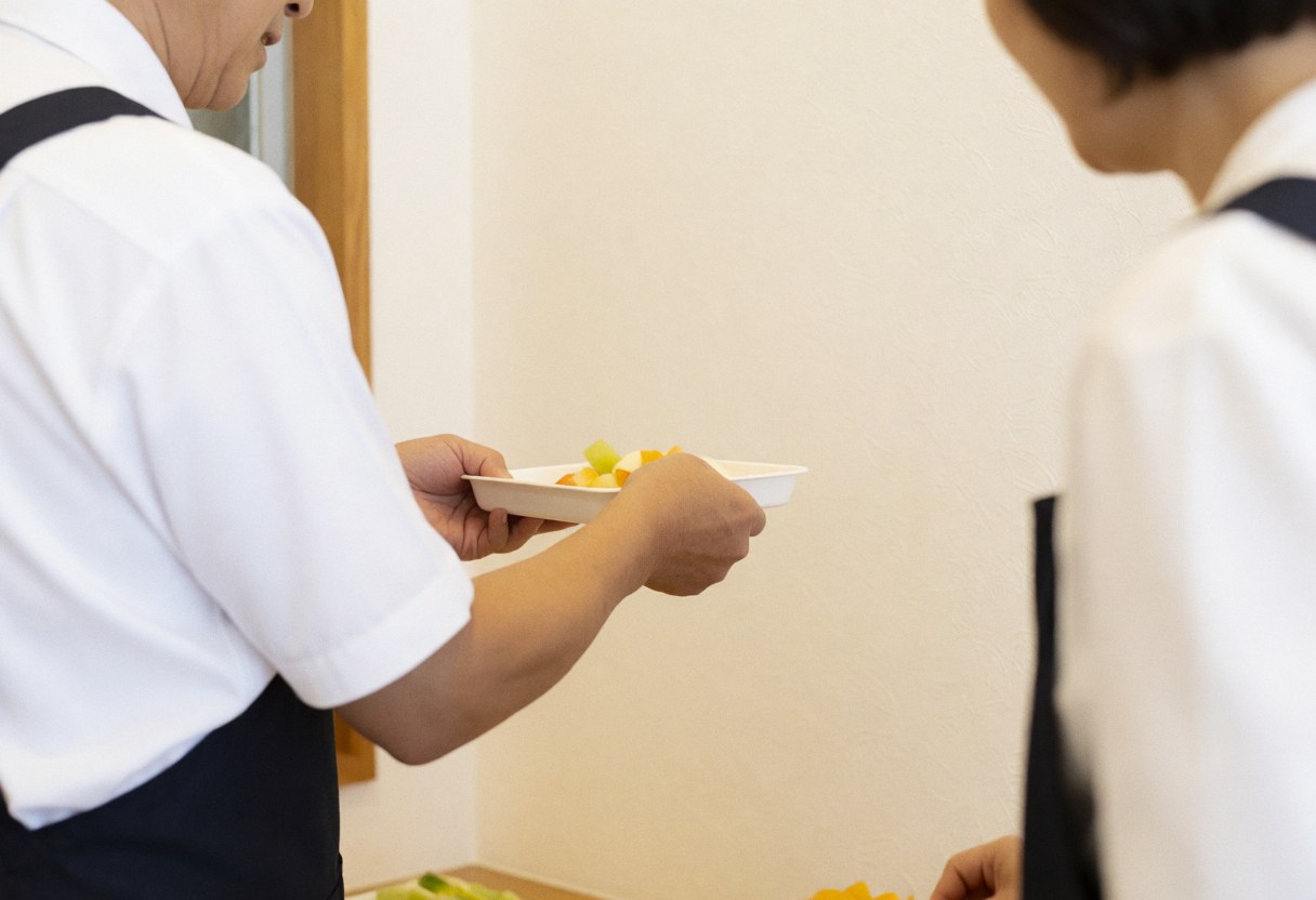 A worker in a professional uniform and apron serves fresh fruit in a bright interior space, highlighting attentive service and healthy food options.