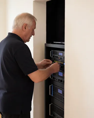 Technician adjusting amplifier levels in a professional rack with white walls, ideal for event sound systems.