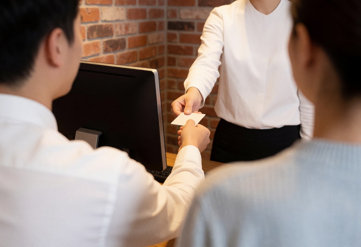 An employee in an office with a brick wall hands a business card to a client during a service interaction