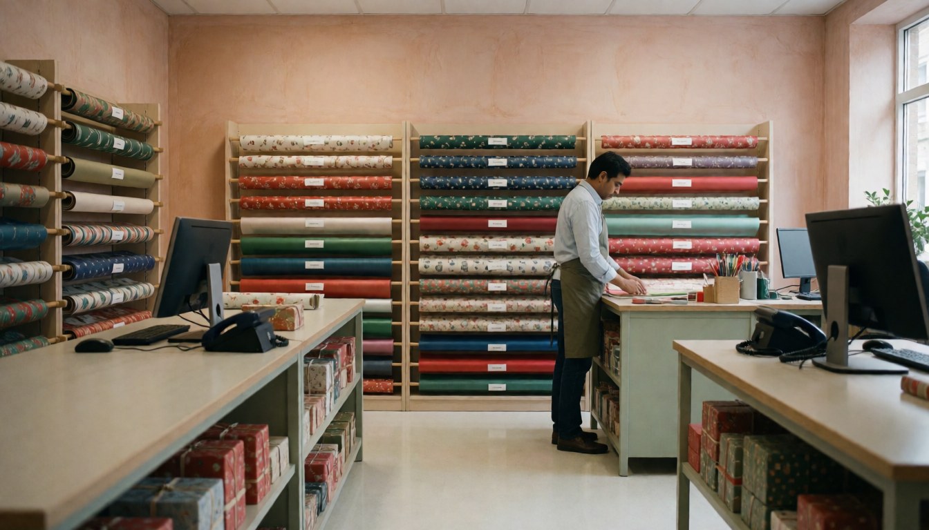 A gift wrap specialist prepares colorful paper rolls surrounded by shelves and gift boxes in a tidy store with terracotta walls