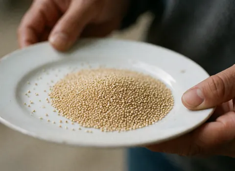 Close-up view of golden quinoa grains served in a clean white bowl, highlighting natural ingredients for healthy food businesses.