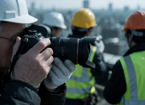 Professional photographer wearing safety helmet and vest adjusting camera lens on a construction site with city background