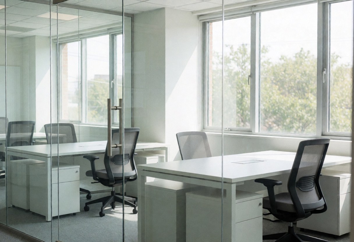 Empty corporate office featuring white desks, black ergonomic chairs, and large windows letting in natural daylight.