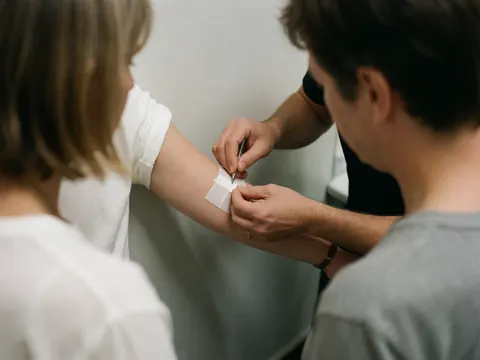 A hand places an adhesive bandage on a wound on a person's arm in a clinical setting with light gray walls.
