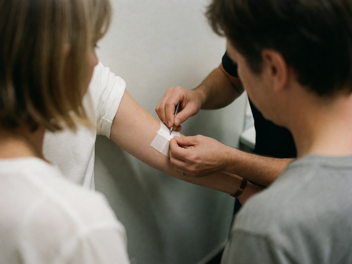 A hand places an adhesive bandage on a wound on a person's arm in a clinical setting with light gray walls.