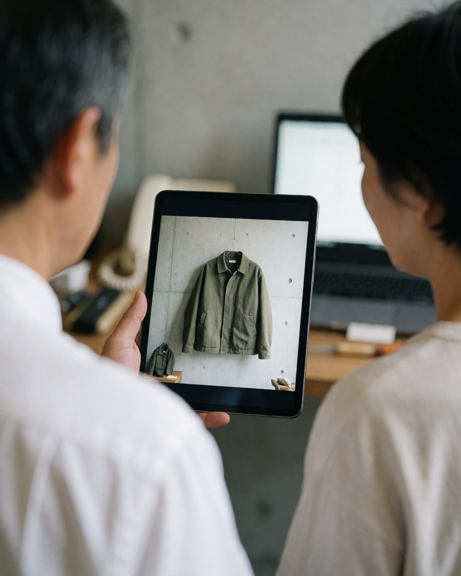 A customer reviews a jacket image on a tablet in a product photography studio with a concrete wall.